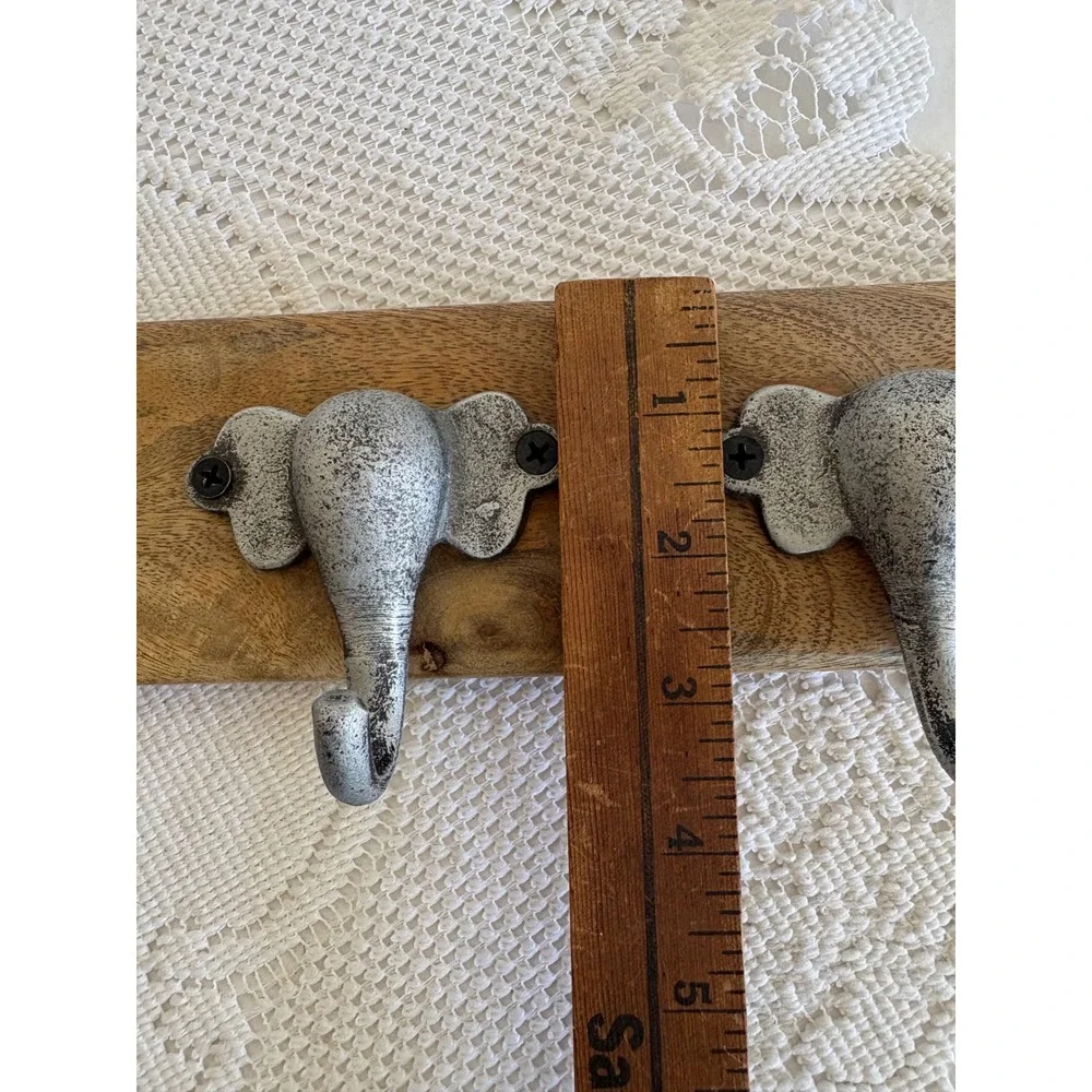 World Market Elephant Head Wall Hook Rack Wood Metal 5 Hooks Silver Brown 21